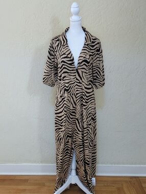 ASOS Tan & Black Collared Zebra-Print Short Sleeve Front Slit Maxi Dress Size 12